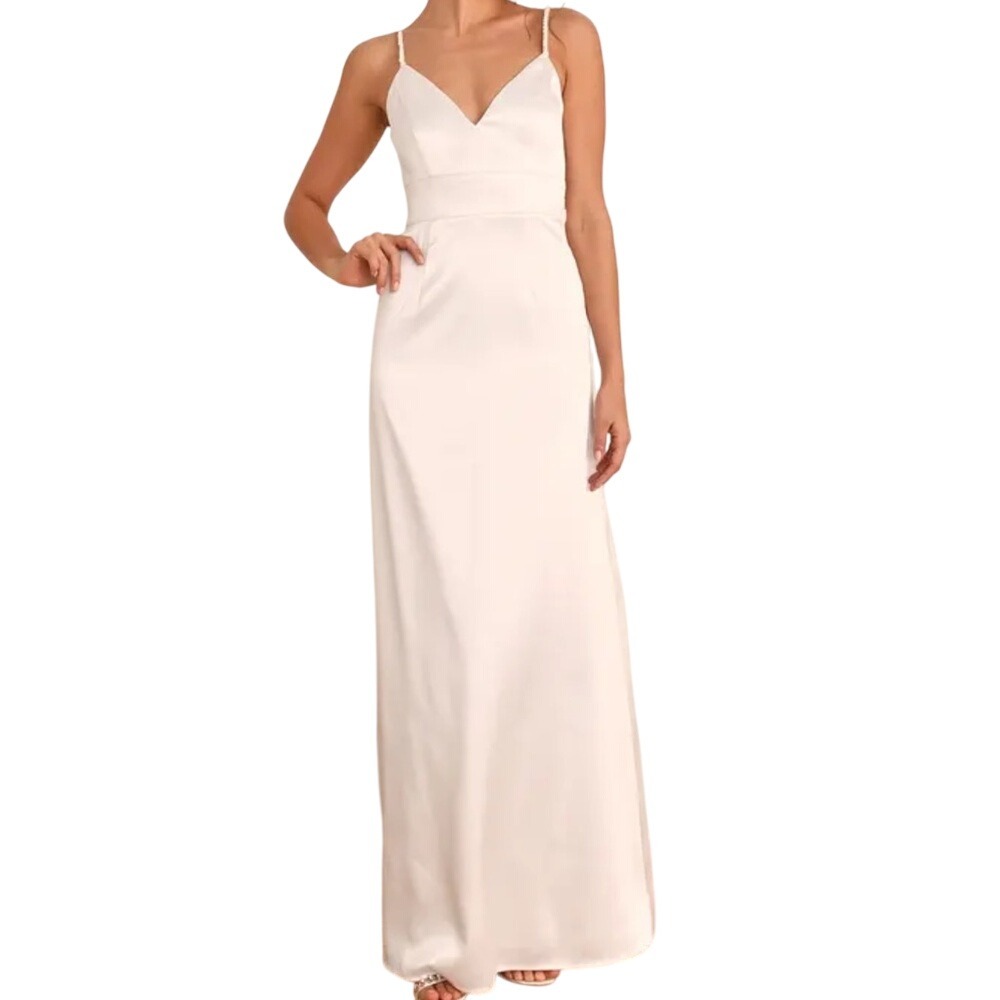 Lulus Ready For Forever‎ White Satin Pearl Tie-Back Maxi Dress size S NWT